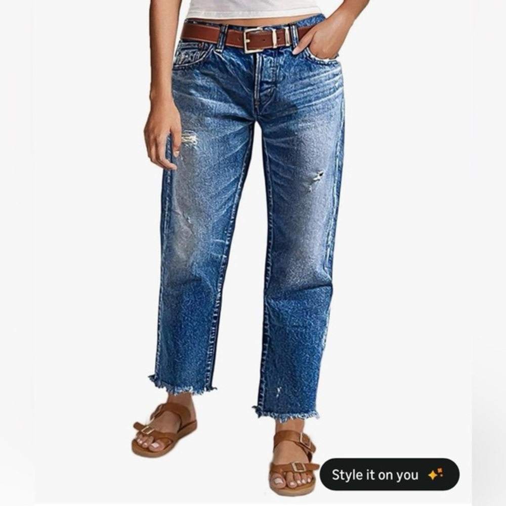Flamingals Straight Leg Jeans for Women Cropped Mid Rise Stretchy Baggy Jean